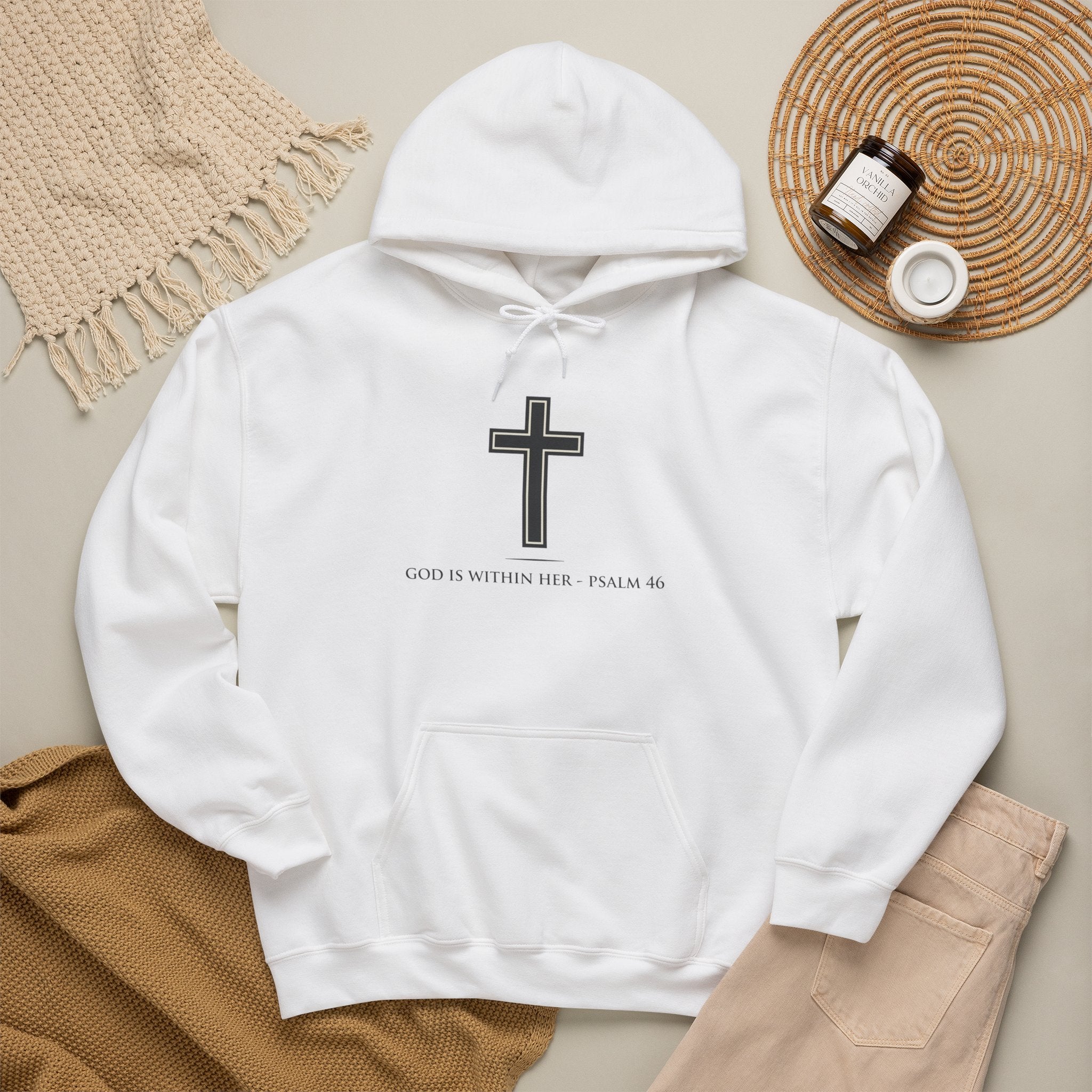 Hoodie - Cross with Psalm 46 "God Is Within Her" Front & "Jesus Saves" Back