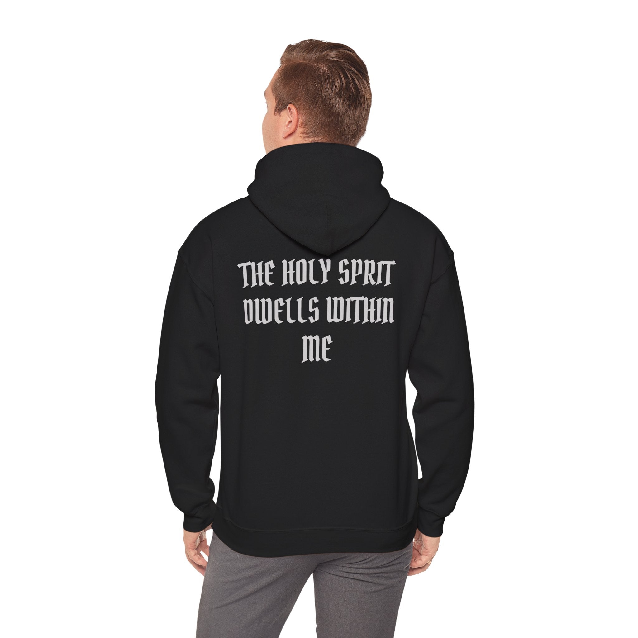 Cross Hoodie - "Never Alone - Romans 8" Front, "The Holy Spirit Dwells Within Me" Back