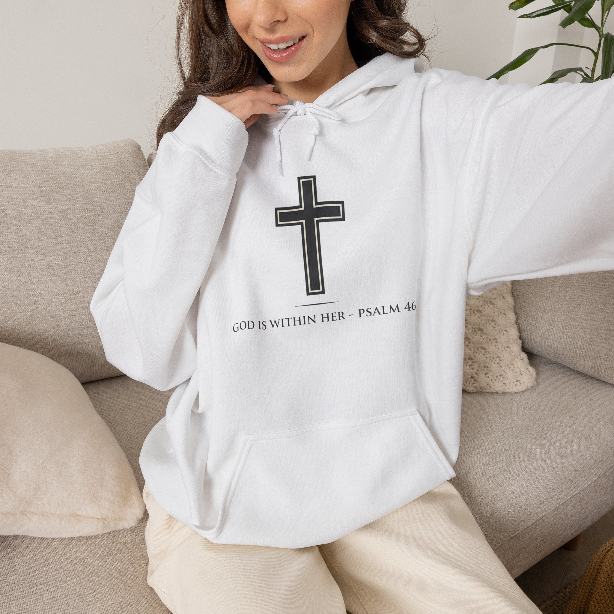 Hoodie - Cross with Psalm 46 "God Is Within Her" Front & "Jesus Saves" Back