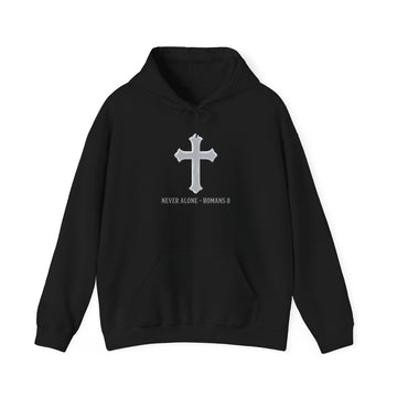 Cross Hoodie - "Never Alone - Romans 8" Front, "The Holy Spirit Dwells Within Me" Back