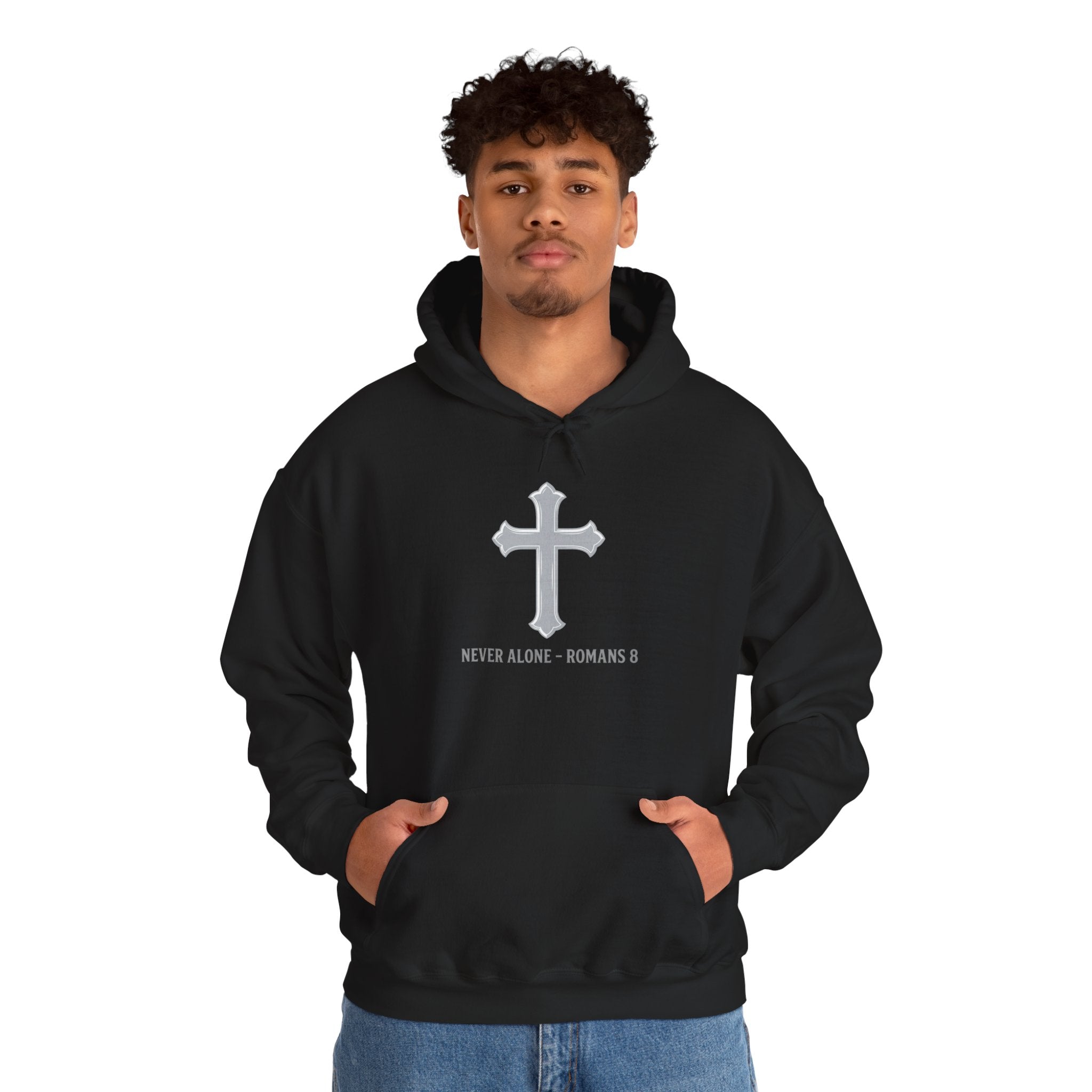 Cross Hoodie - "Never Alone - Romans 8" Front, "The Holy Spirit Dwells Within Me" Back