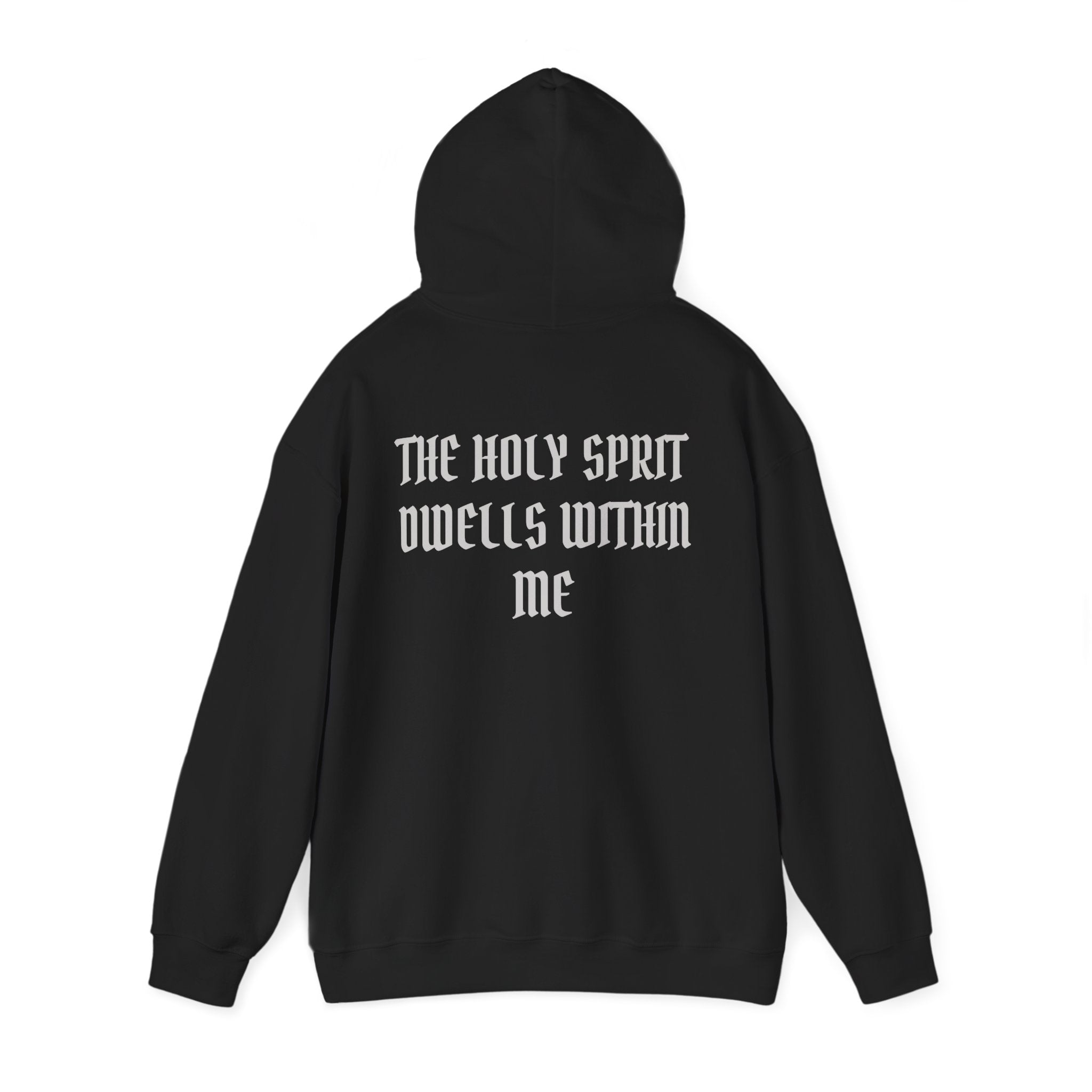 Cross Hoodie - "Never Alone - Romans 8" Front, "The Holy Spirit Dwells Within Me" Back